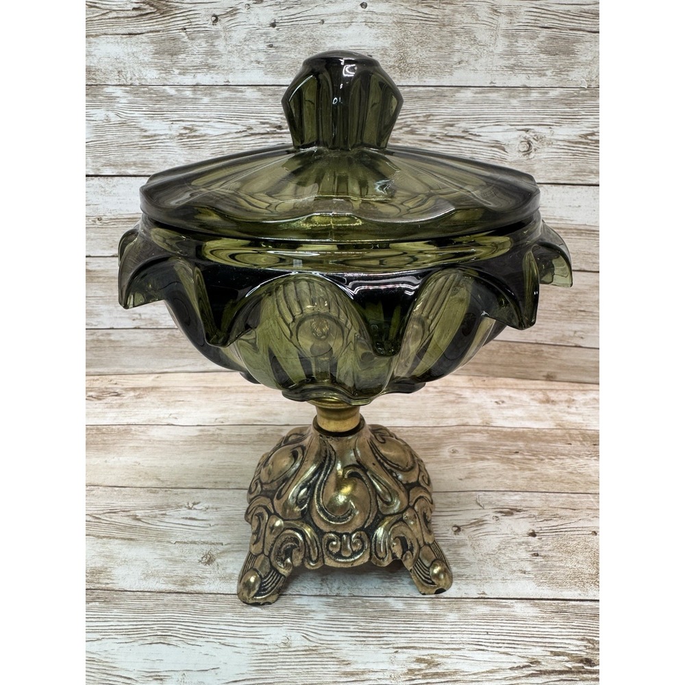 VTG 1970s Avocado Glass Candy Dish Lid Metal Pedestal Rare Hollywood Regency